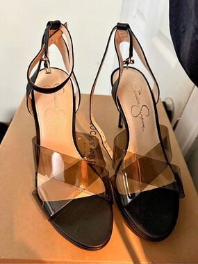 Jessica Simpson Clear Strap Heels in Black & Brown Like New